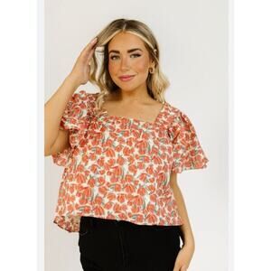 Moodie Bathany Floral Square Neck Puff Sleeve Blouse Small AT